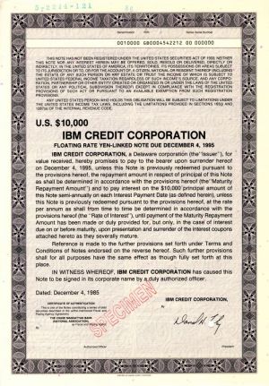 IBM Credit Corporation - Famous Computer Co. $10,000 Specimen Bond