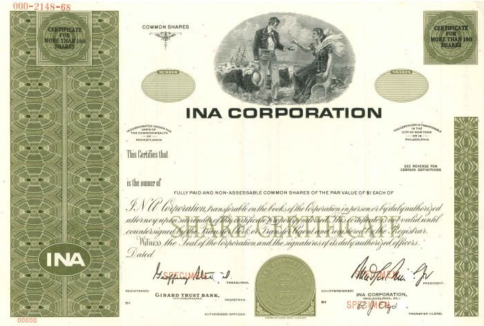 INA Corporation - Stock Certificate