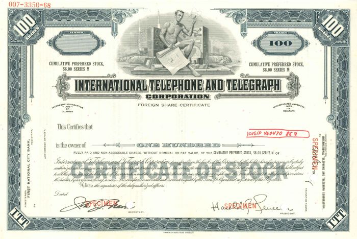 International Telephone and Telegraph Corporation - ITT - Specimen Stock Certificate