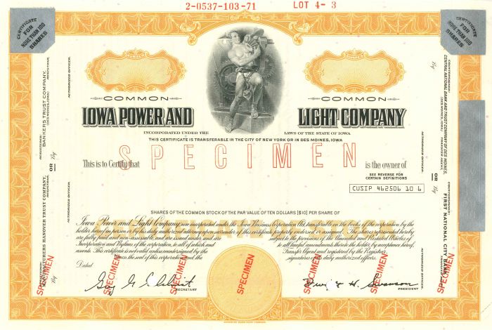 Iowa Power and Light Co. - Stock Certificate