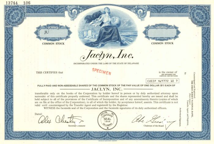 Jaclyn, Inc. - Stock Certificate