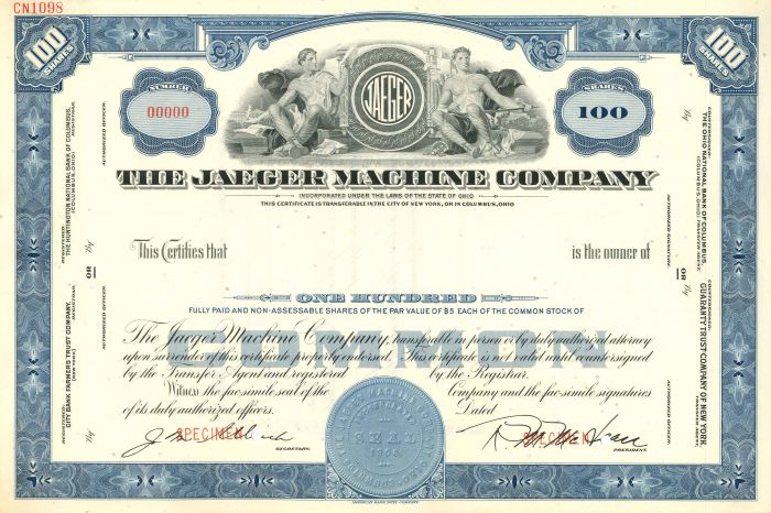Jaeger Machine Co. - Stock Certificate