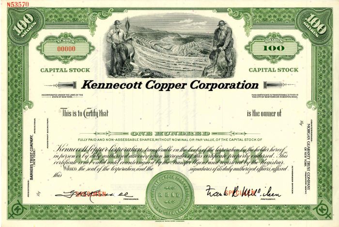 Kennecott Copper Corporation - Specimen Stock Certificate