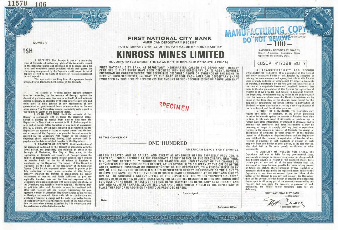 Kinross Mines Limited - Canadian & South African Mining Specimen Stock Certificate