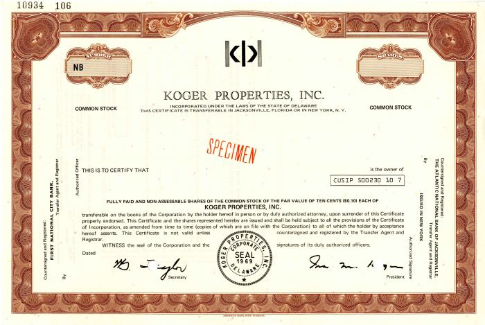 Koger Properties, Inc. - Stock Certificate