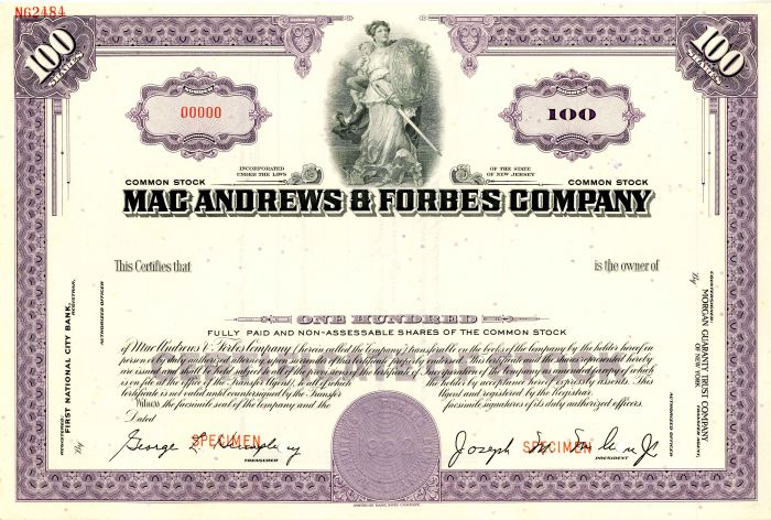 Mac Andrews and Forbes Co. - Specimen Stock Certificate