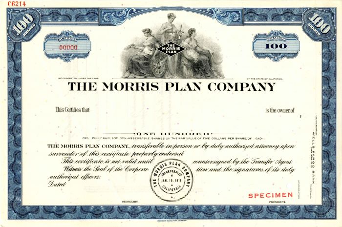 Morris Plan Co. - Stock Certificate