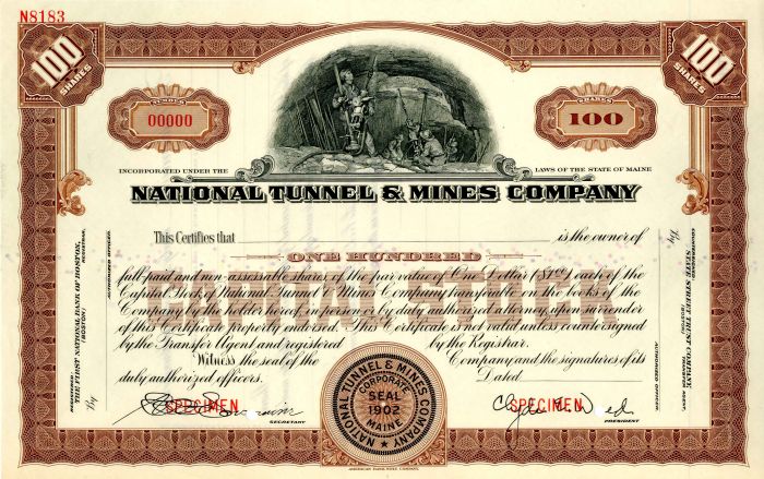 National Tunnel and Mines Co. - Stock Certificate