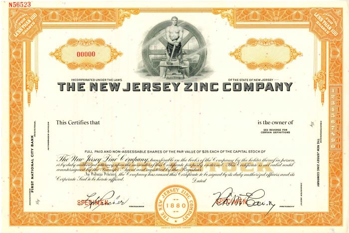 New Jersey Zinc Co. - Specimen Stock Certificate - also known as Horsehead Holding Corporation