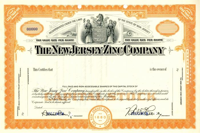 New Jersey Zinc Co. - Specimen Stock Certificate
