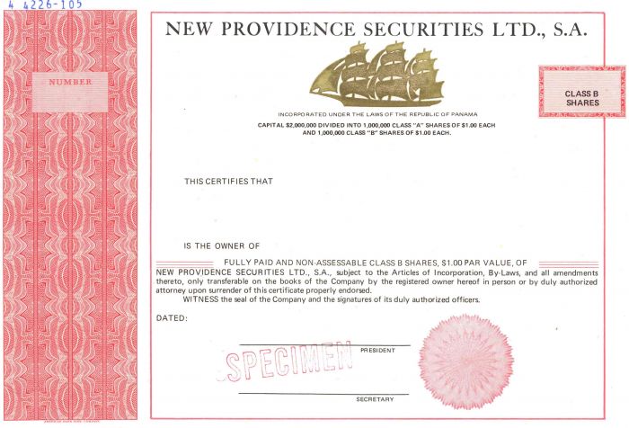 New Providence Securities Ltd., S.A. - Stock Certificate