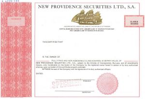 New Providence Securities Ltd., S.A. - Specimen Stock Certificate - Bahamas & Panama