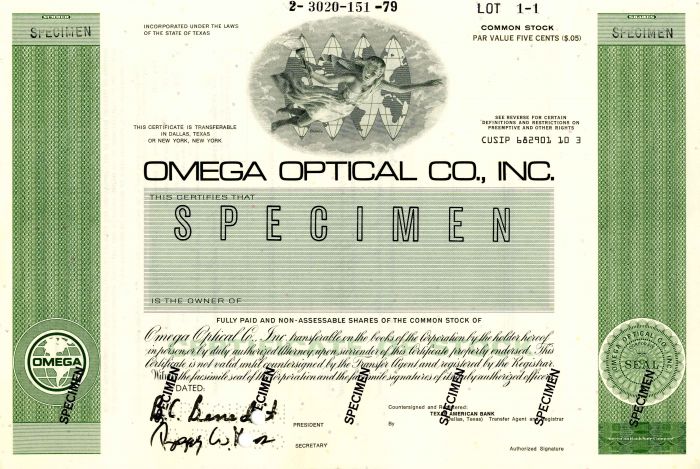 Omega Optical Co., Inc. - Stock Certificate