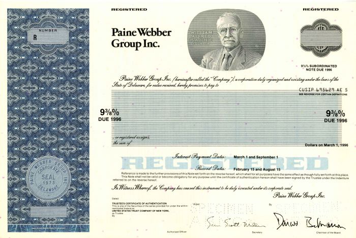 Paine Webber Group Inc. - Specimen Bond