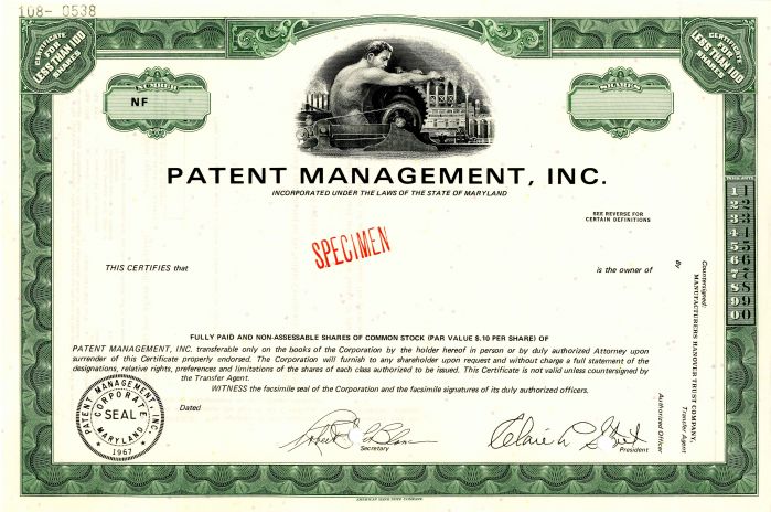 Patent Management, Inc. - Stock Certificate