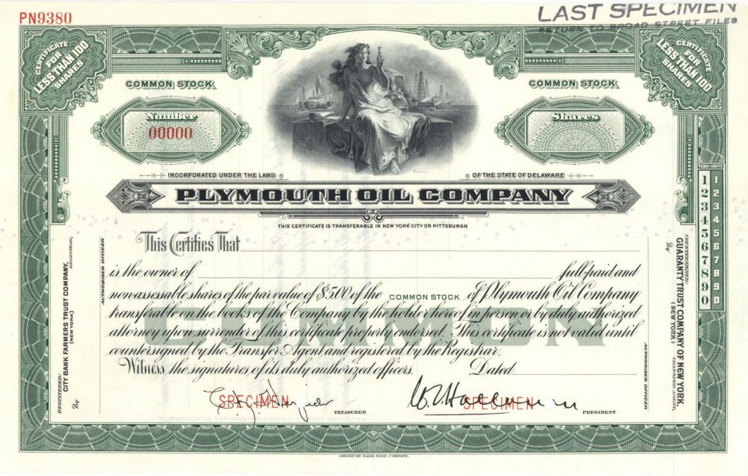 Plymouth Oil Co. - Specimen Stock Certificate