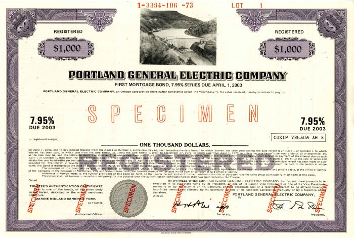 Portland General Electric Co. - $1,000 Utility Specimen Bond