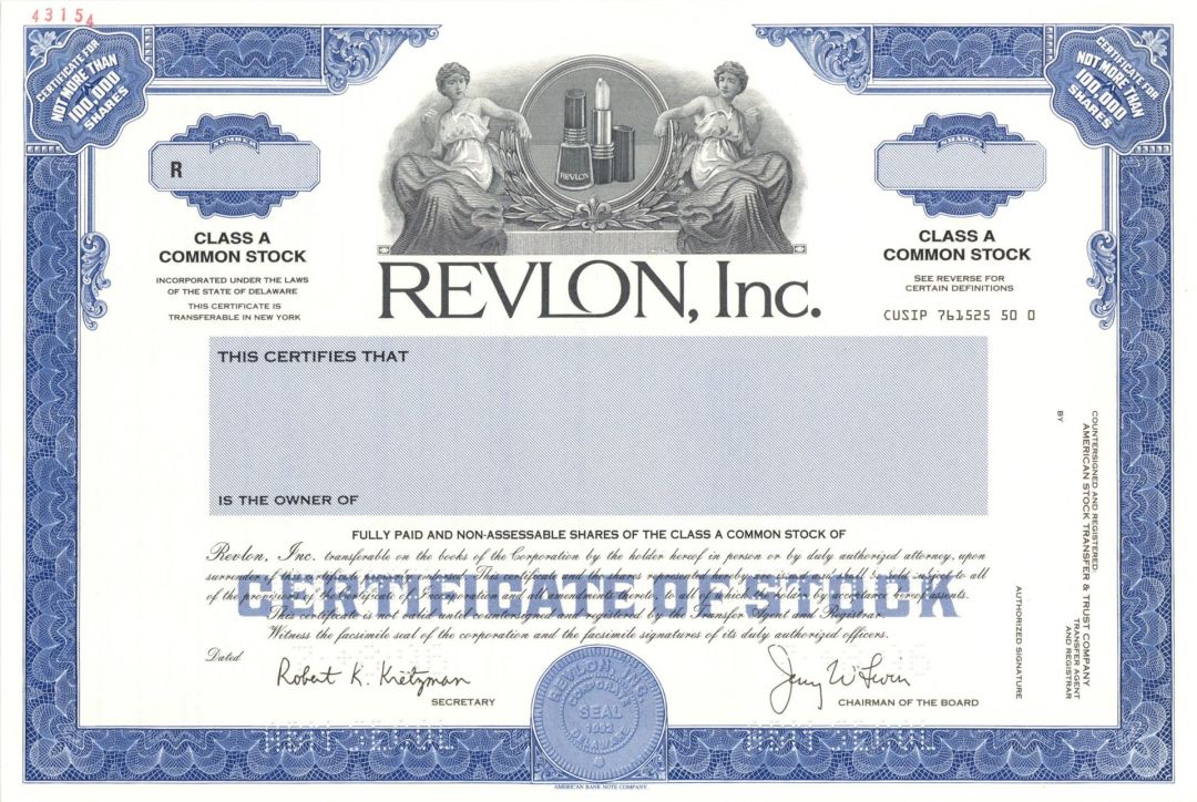 Revlon, Inc. - 1996 dated Specimen Stock Certificate