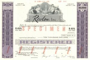 Revlon, Inc. - 1955 $10,000 Specimen Bond