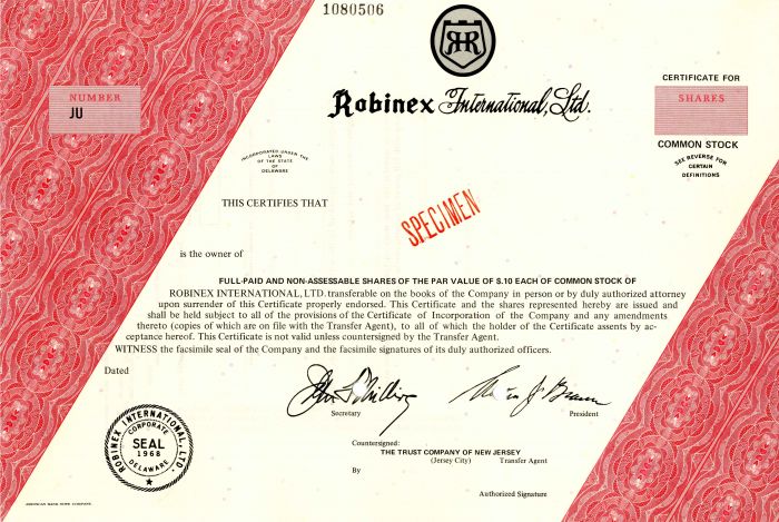 Robinex International, Ltd. - Stock Certificate