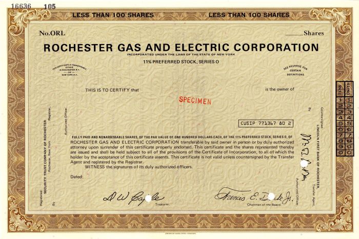 Rochester Gas and Electric Corporation - Stock Certificate