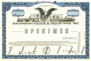 Savannah Foods and Industries, Inc. - Stock Certificate
