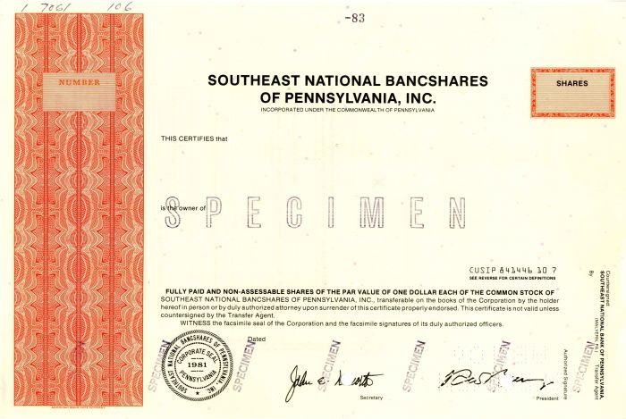Southeast National Bancshares of Pennsylvania, Inc. - Stock Certificate