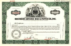 Southern Advance Bag and Paper Co., Inc. - Stock Certificate