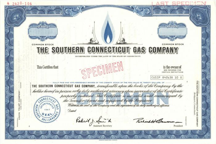 Southern Connecticut Gas Co. - Utility Stock Certificate