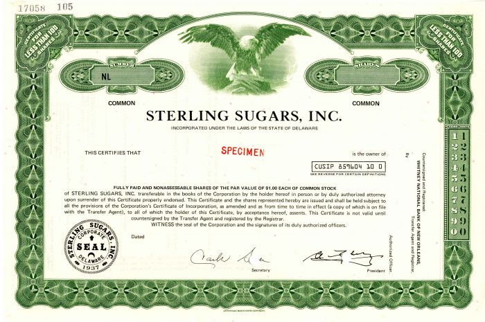 Sterling Sugars, Inc. - Stock Certificate