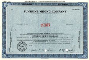 Sunshine Mining Co. - Stock Certificate