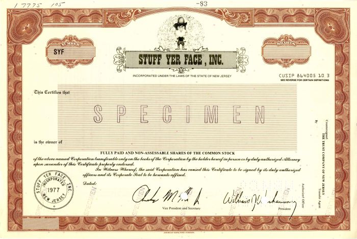 Stuff Yer Face, Inc. - Stock Certificate
