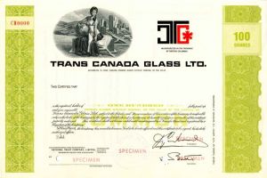 Trans Canada Glass Limited - circa 1970's Canadian Specimen Stock Certificate