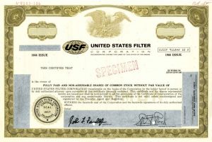 United States Filter Corporation - Specimen Stock Certificate