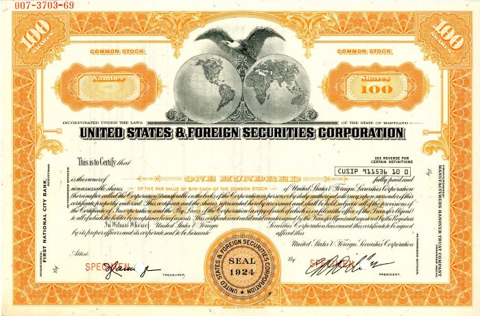 United States and Foreign Securities Corporation - Stock Certificate