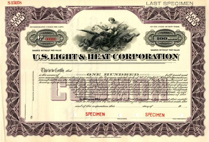 U.S. Light and Heat Corporation - Stock Certificate