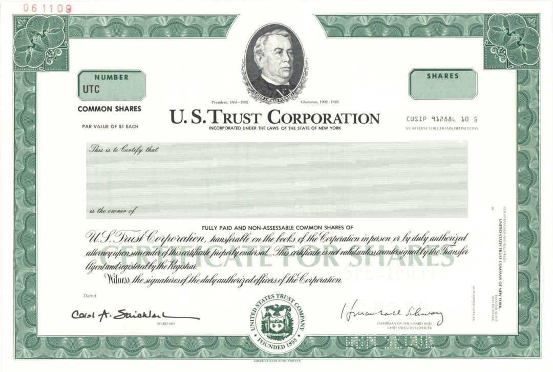 U.S. Trust Corporation - 1999 dated Specimen Stock Certificate - Vignette of John Aikman Stewart