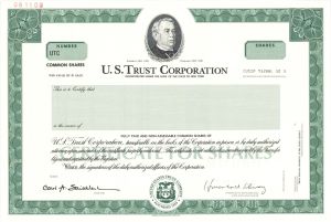 U.S. Trust Corporation - 1999 dated Specimen Stock Certificate - Vignette of John Aikman Stewart