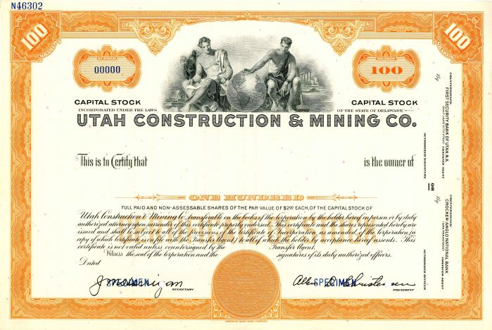 Utah Construction and Mining Co. - Stock Certificate