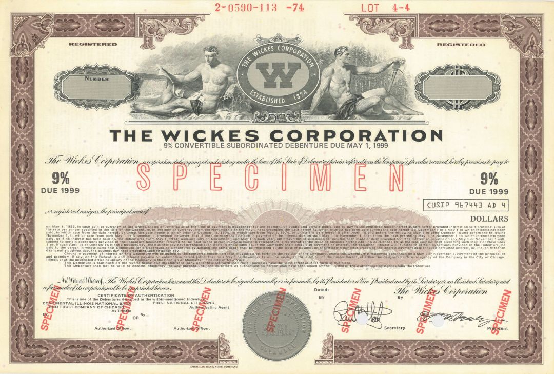 Wickes Corporation - $10,000 Specimen Bond