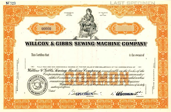 Willcox and Gibbs Sewing Machine Co. - Stock Certificate