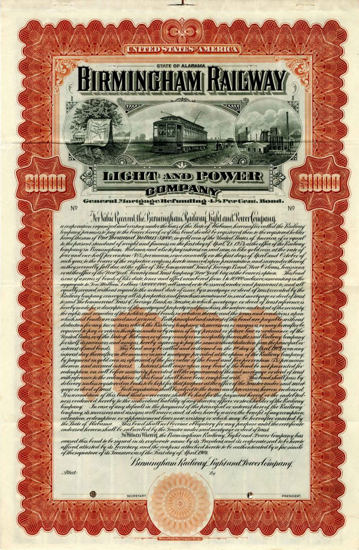 Birmingham Railway Light and Power Co. - $1,000 Specimen Bond