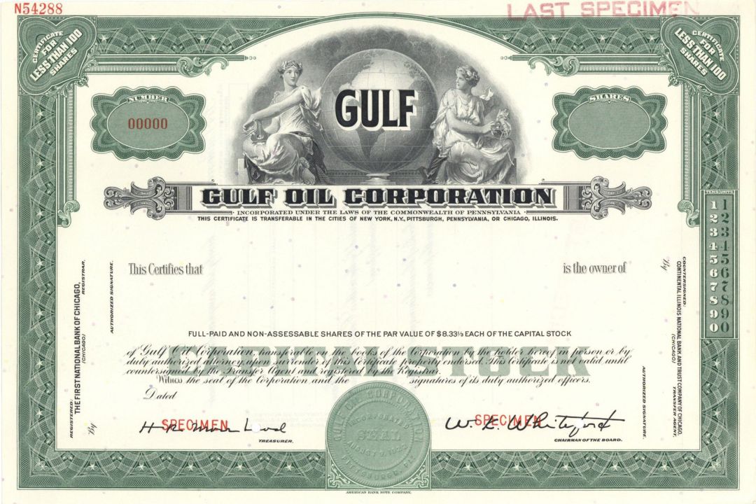 Gulf Oil Corp. - circa 1970's Specimen Stock Certificate - Available only in Orange 