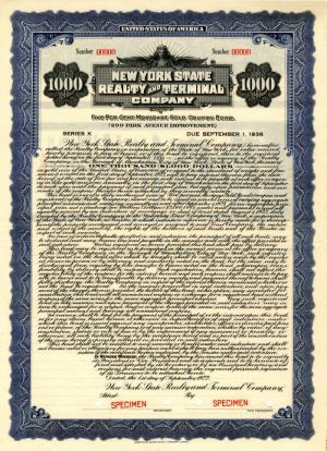 New York State Realty and Terminal Co. - 1922 dated $1,000 5% Gold Specimen Bond