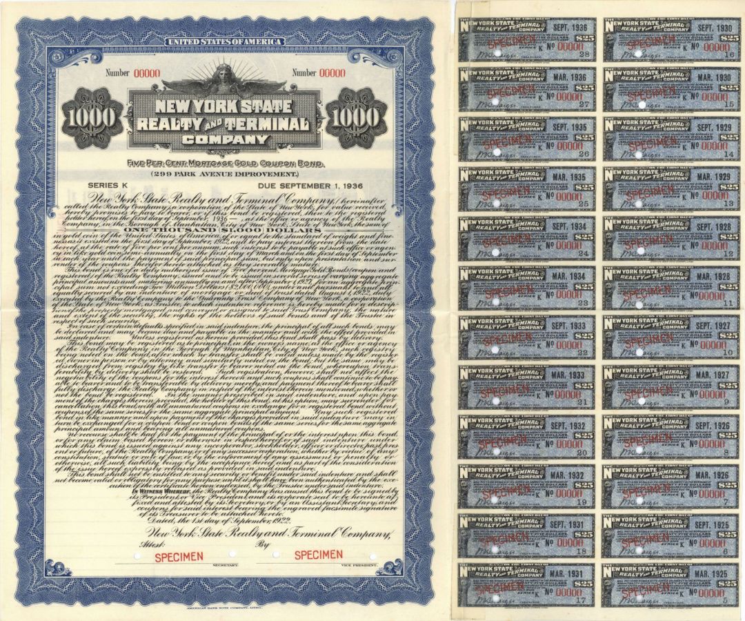New York New York State Realty and Terminal Co. - 1922 dated $1,000 5% Gold Specimen Bond - Splits in Paper