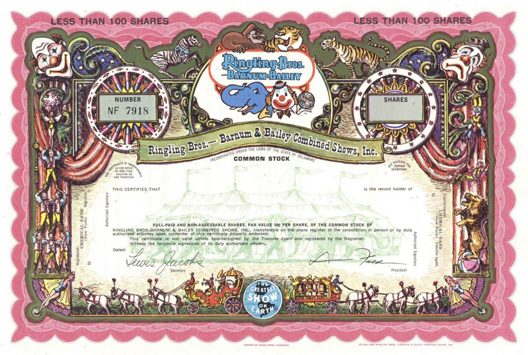 Red Ringling Bros.-Barnum & Bailey Combined Shows, Inc. - Multicolored Specimen Circus Stock Certificate