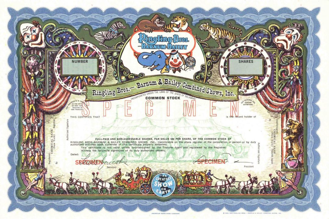 Blue Ringling Bros.-Barnum & Bailey Combined Shows, Inc. - Multicolored Specimen Circus Stock Certificate