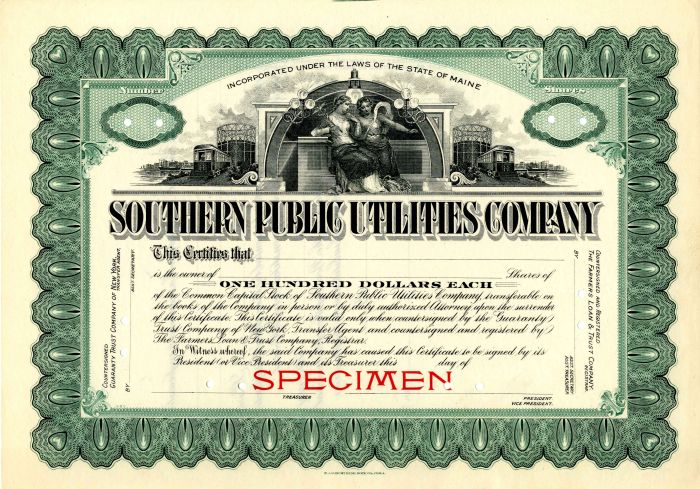 Southern Public Utilities Co. - Utility Stock Certificate
