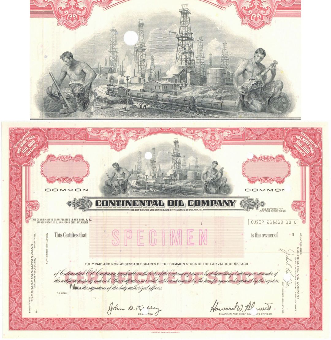 Continental Oil Co. - Specimen Stock Certificate - Part of the Standard Oil Breakup