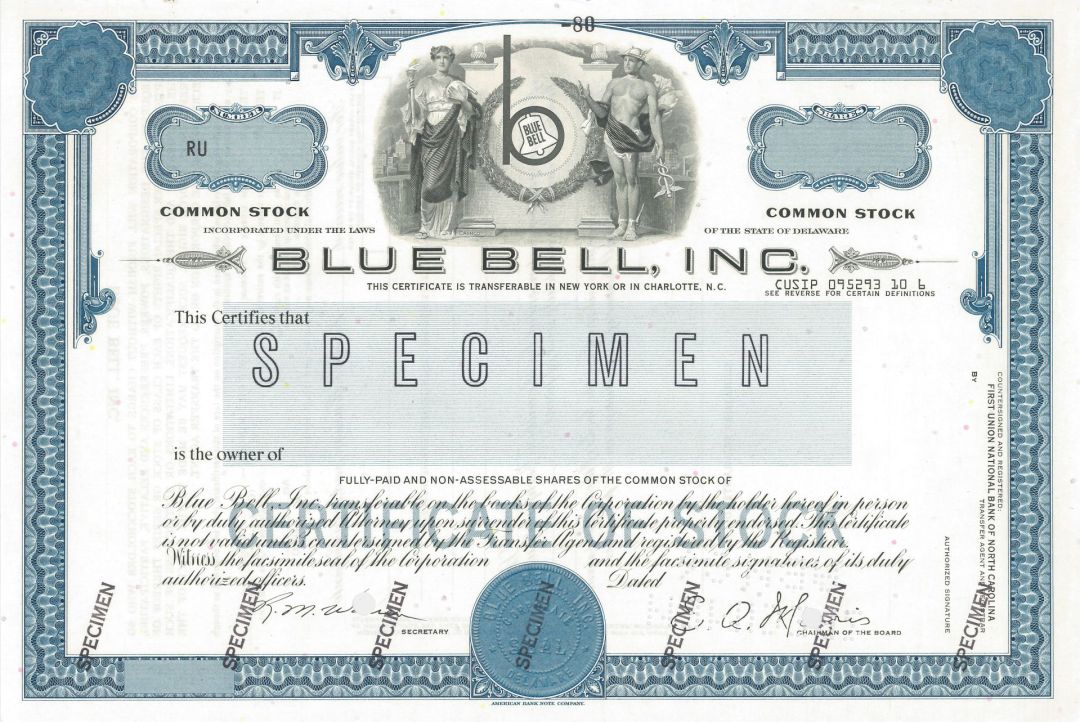 Blue Bell, Inc. - Specimen Stock Certificate - Apparel Company